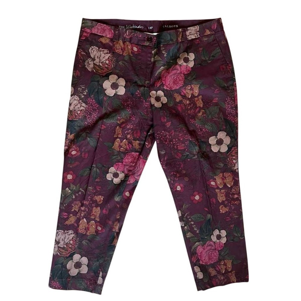 Talbots The Weekender Burgundy Floral Ankle Pants Womens 14P Slim Stretch Cotton